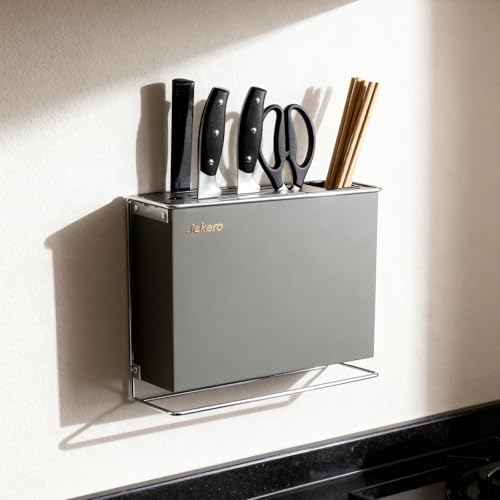 Jekero - Portacuchillos de pared de acero al carbono, con ranuras para tijeras, palillos y bandeja de agua, presentación de cuchillos de bajo tamaño, no requiere taladrar