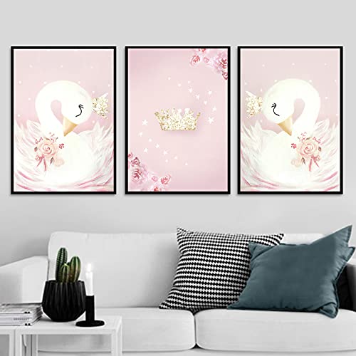 Vlolife Canvas Wall Art Painting Baby Girl Nursery Wall Art Canvas Painting Pink Swan Cartoon Posters Nordic Kids Decoration Pictures Children Bedroom Decor Frameless (16X24Inchx3 Unframed) #TOP1