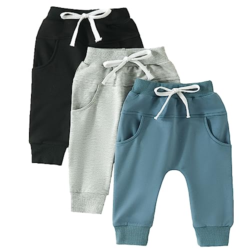 Image of Toddler Baby Boys 3 Pack Jogger Pants Solid Color Elastic Waist Cotton Active Sweatpants