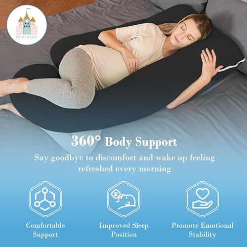 Image of Cute Castle Cooling Cover Pregnancy Pillows, Soft U-Shape Maternity Pillow with Removable Cover - Full Body Pillows for Adults Sleeping - Pregnancy Must Haves - Jumbo 57 Inch - Black (Black)