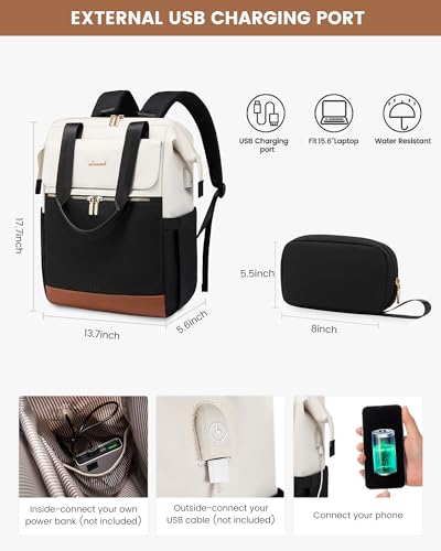 Image of LOVEVOOK Laptop Backpack for Women, 15.6 Inch Work Laptop Bag with USB Port, Fashion Teacher Nurse Backpack Purse, Waterproof Travel Computer Backpack with Organizer Bag, 2PCS, Beige-Black