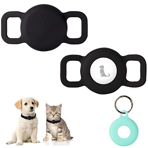 PuppyDoggy 2 Stück Silikon Schutz Hülle Kompatibel für Apple Airtag GPS Finder für Hundehalsband, katzenhalsband, Pet Loop Holder für AirTag & 1 Stück AirTag Schlüsselanhänger Halter (Klein, Schwarz) Cover