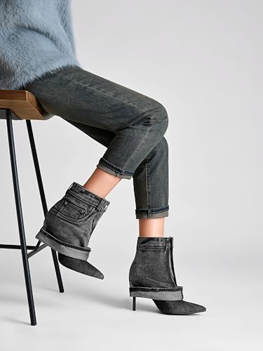 Pointed Toe Fine Stiletto High Heel Ankle Denim Booties for women Fold Over Ankle Short Jean Boots Fashion Women's Shoes2