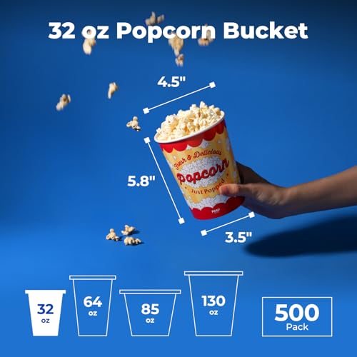 Image of Fit Meal Prep 500 Pack Classic Paper Popcorn Buckets Disposable, 32 Oz Grease Resistant Popcorn Bowls Cups for Machine Home Theater Carnival Movie Night