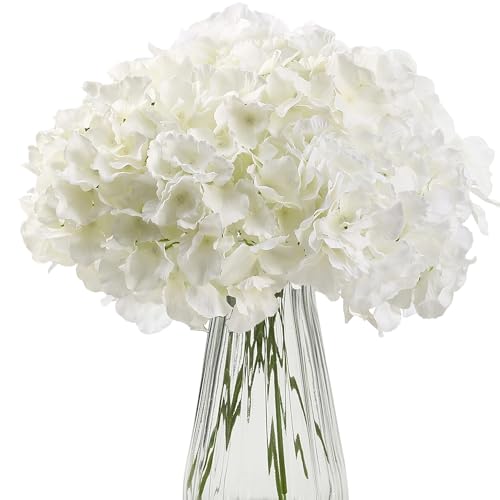 HNVNER 6 Stück Hortensien Kunstblumen Weiß, Künstliche Seide Hortensien mit Stiel, 35cm Fake Blumen Blumenstrauß Wie Echt für Hochzeit Nach Hause Garten Mittelstück Dekorationen