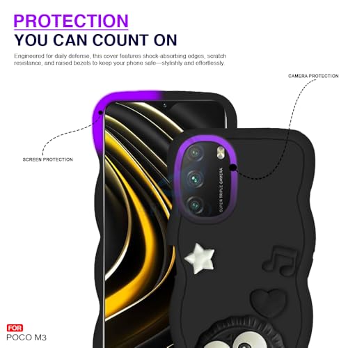 Image of AESTMO Back Case Cover for Poco M3 | 3D Cute Fun Cartoon Characters | Anti Slip Grip Cute Wave Curly Frame Shape | Full Body Protection Back Cover for Poco M3 (Black)