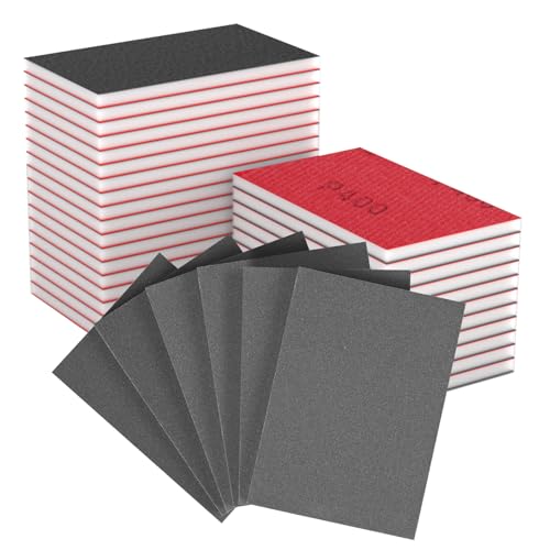 MOGRQAP Éponge de Ponçage 32PCS, Bloc de Mousse Abrasive Flexible, Grains 400, Tampons Abrasifs Lavables et Réutilisables pour Bois, Métal, Meubles, Mur (70x100mm)