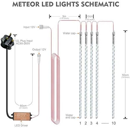 BlueFire Meteor Shower Rain Lights, 50cm 10 Spiral Tubes 540 LEDs Waterproof Christmas String Lights for Home Tree Garden Decor(White)