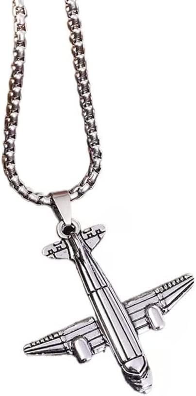 Punk Airplane Pendant Necklace for Women Girls Men Vintage Silver Plated Stainless Steel Plane Drop Box Chain Fashion Rock Hip Hop Jewelry Unisex Gift 24 inch