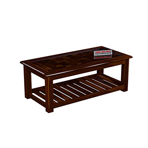 Image of Sheesham Wooden Centre Table with Storage Shelf for Living Room with Glass Top - Solid Wooden Coffee Table - Teapoy, Tea Table, Sofa Table & Center Table (Ariston Walnut)