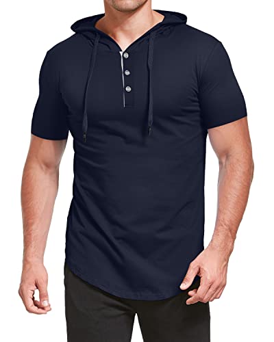 Kuyigo Men's S-5X Short Sleeve Fashion Athletic Hoodies Sport Sweatshirt Causal Hooded T-Shirts Navy Small #TOP1
