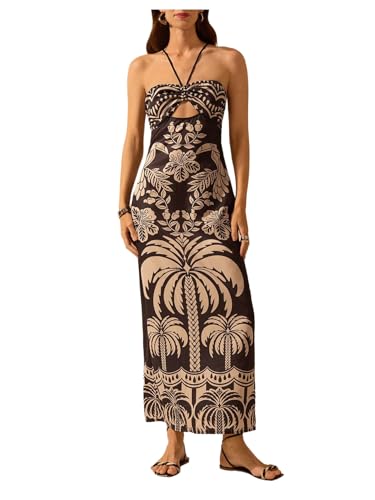 Image of SHENHE Women's Tropical Print Halter Neck Maxi Dress with Cutouts and Tie Knot at Backless and Split Hem