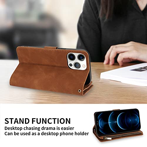 ZZXX for iPhone 12/12 Pro Wallet Case Zipper Pocket 6.1 inch,Brown - image 6