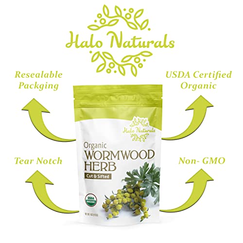Halo Naturals Organic Wormwood Herb Cut & Sifted, 4 Ounces (Artemisia Absinthium) USDA Certified Wormwood Tea | Non-GMO | Vegan| Resealable Pouch| Packaged in The USA (Pack of 1)