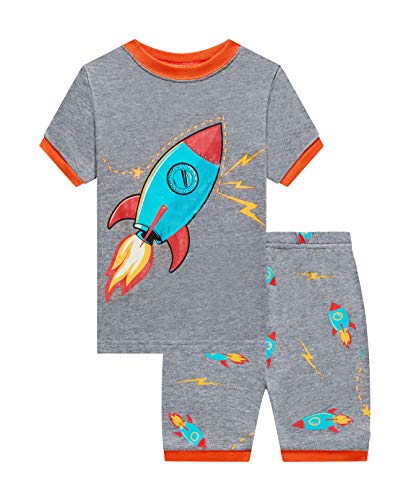 Benaive Pajamas for Boys, Pjs for Boy Cotton Summer 4-Piece Pajama Children Shorts Set (Dinosaur & Rocket, Black & Dark Grey, 2T) - image 3