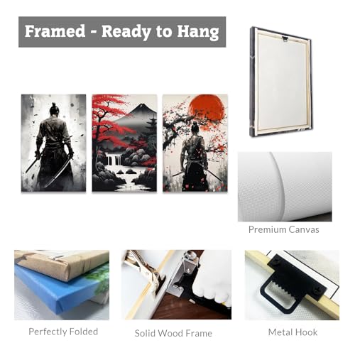 Image of CCWACPP 3 Piece Samurai Wall Art Japan Painting Canvas Print Warrior Figure Pictures Bushido Posters Japanese Culture Theme Artwork Home Room Decor Framed (C, (16 inchx24 inchx3))