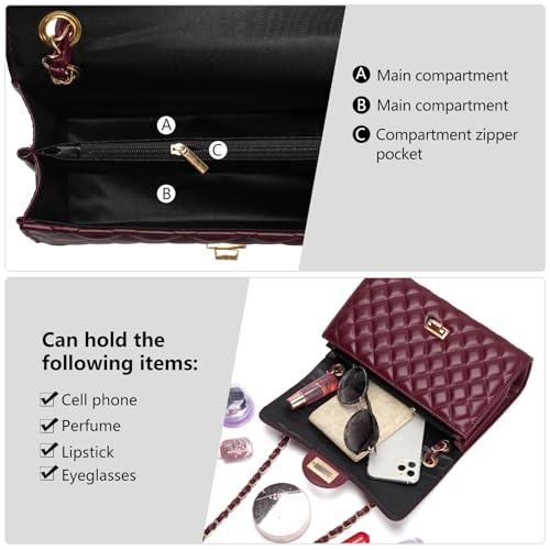 Image of Quilted Leather Crossbody Bags for Women Trendy Ladies Shoulder Purse Satchel HandBag with Chain Strap