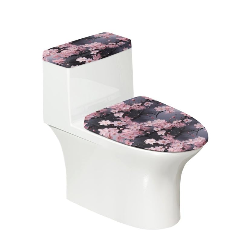 Daulesho Pink Cherry Blossoms Toilet Lid Tank Cover Set of 2 Watercolor Japanese Cherry Blossoms Bathroom Soft Toilet Lid Dust Cover Chinese Peach Flower with Elastic Edge Decor