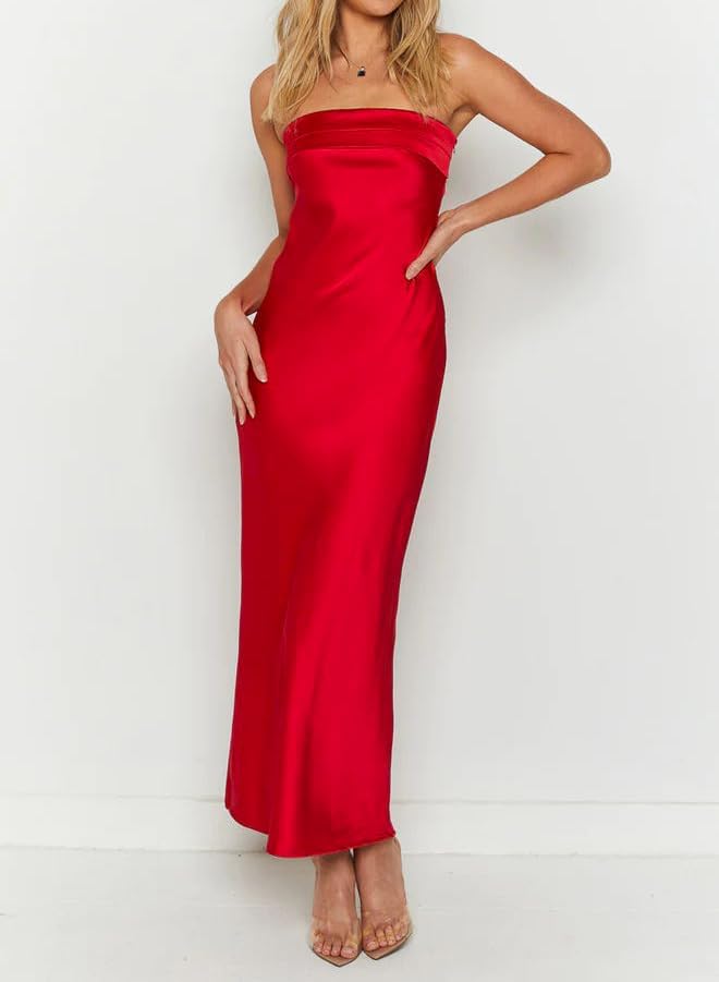 Image of MEROKEETY Women's Summer Satin Strapless Bodycon Dress 2026 Backless Tube Wedding Guest Cocktail Formal Party Maxi Dresses