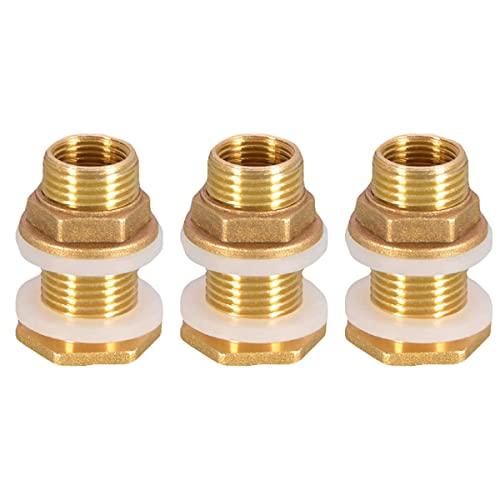 Pasuihcay Solid Brass Bulkhead Fitting, 3 Sets 3/8 Inch Female 1/2 Inch Male Solid Brass Water Tank Connector Threaded with Ring, Bronze