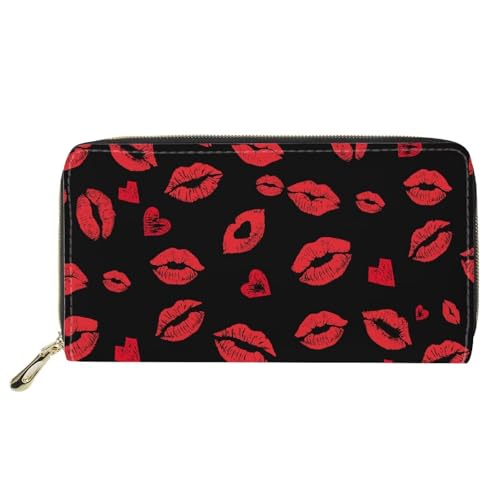 Pensura Red Lips Print Wallets Long Clutch Purse Credit Card Holder Large Capacity Organizer PU Leather Zip Around Wallet for Women