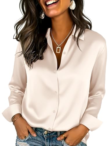 Satin Silk Blouse for Women Dressy V Neck Long Sleeve Button Down Shirt Business Casual Top...