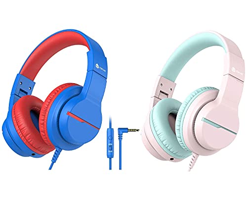 [2 Pack Bundle] iClever HS19 Kids Headphones with Microphone, Over-Ear/On-Ear HD Stereo Headphones for Children, Volume Limiter 85/94dB, Sharing Function Foldable Headphones for School/iPad/PC/Cellpho