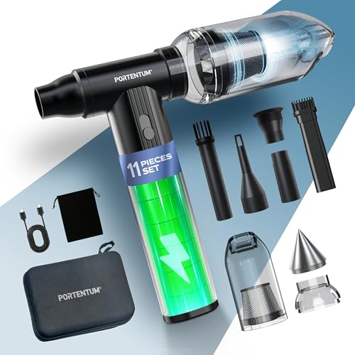 PORTENTUM 2 en 1 Mini Aspirador de Mano Potente 25 kPa – 10.000 mAh hasta 135 min USB-C – Soplador de Aire 180 km/h con Motor brushless – Aspirador Coche regulación Continua de Velocidad – Set de 11