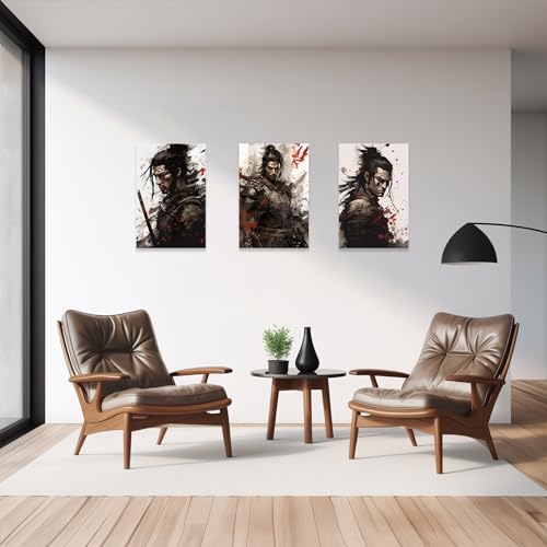 Image of CCWACPP 3 Piece Samurai Wall Art Japan Painting Canvas Print Warrior Figure Pictures Bushido Posters Japanese Culture Theme Artwork Home Room Decor Framed (A, (20 inchx28 inchx3))