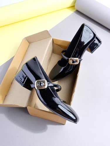 Image of Shoetopia Pumps for Women - Low Block Heel Dress Shoes with Gold Buckle Strap Classy Comfortable Low Heel