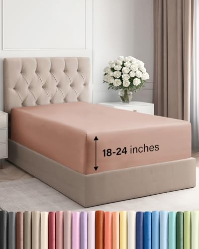Image of Deep Twin XL Fitted Sheet - College Dorm Room Essentials - Mauve | Easily Fits 18 inch to 24 inch Mattress, Wrinkle Resistant, Soft, Breathable & Comfy, Extra Deep Pockets Fitted Sheet