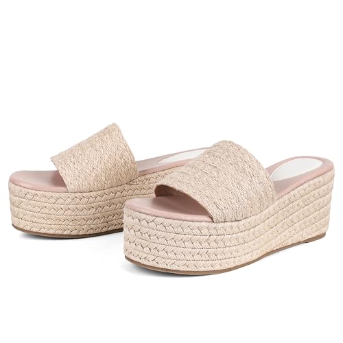 Image of Erocalli Platform Wedge Sandals Espadrille Slide Sandals Slip On High Heel Espadrille Flatform Mules for Women Casual Jute Beach Straw Raffia Sandals