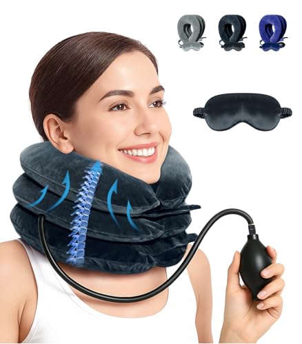 Image of Adjustable Inflatable Cervical Traction Device, Soft Neck Stretcher Support Pillow with Sleep Eye Mask