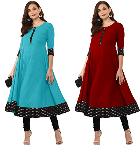 Image of NATEK Plain Cotton Regular Wear Anarkali Kurtis Dresses for Ladies Girls - Combo Pack of 2