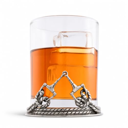 Vagabond House Equestrian D-Ring Snaffle Bit Double Old Fashioned Glass - Handblown Italian Glass with Pewter - 8 oz, 4.5 inch Tall