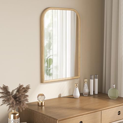 Image of 20 inchx30 inch Arch Wall Mirror for Wall, Wall Mounted Vanity Mirror for Bedroom, Wood Grain Finish Frame Mirror with Tempered Glass, Vintage Decorative for Bathroom, Entryway, Living Room, Natural