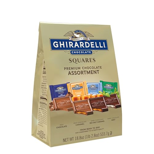Image of GHIRARDELLI Premium Assorted Chocolate SQUARES, 18.8 oz Bag Variety Pack of Milk, Dark, Mint, and Caramel Chocolates