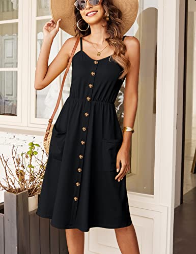 Women's Dresses Summer Casual Adjustable Spaghetti Strap Button Down Swing Midi Dress With Pockets Black Xl #TOP3