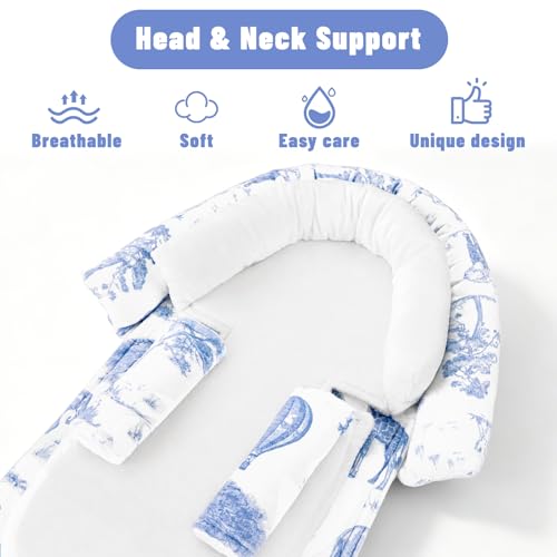 Image of Baby Car Seat Head Support with Extra Headrest, 2-in-1 Babybody Supports with Shoulder Pads Set for Newborn, Adjustable Infant Car Seat Insert Compatible with Stroller, Baby Swing (Blue Animal)