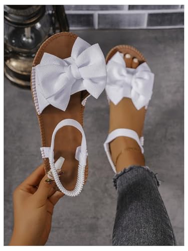 Image of GORGLITTER Women's Bow Flat Sandals 2026 Dressy Cute Ankle Strap Slides | Summer Shoes for Women 2026, Slip On Open Toe Flats, Slingback Slides, Vacation Dress Sandals
