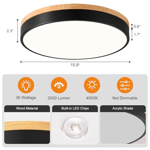 Vikaey Modern Wood LED Ceiling Light Fixture, Black, 15.8 in by Vikaey - Used condition - Image 4