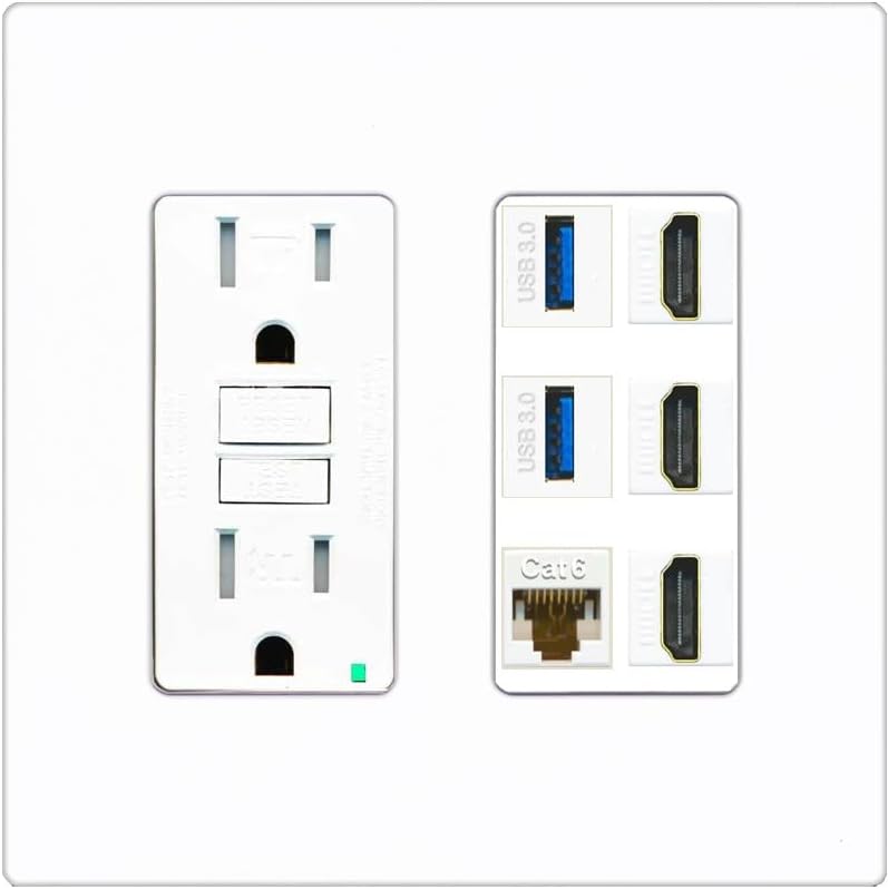 RiteAV 3 Port HDMI 2 Port USB 3.0 1 CAT6-RJ45 Wall Plate - GFCI Outlet [Ivory/White]