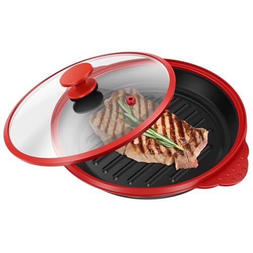 AwObEpl Microwave Grill Pan & Crisper with Lid, Non Stick Bacon Cooker, Grilled Cheese & Vegetable Maker, Dishwasher Safe Microwave Cookware, Safe Grip and Even Heating for Home, Kitchen