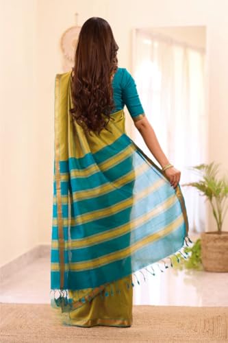 Image of Women's Cotton Woven Soft Sarees With Attach Blouse Piece.
