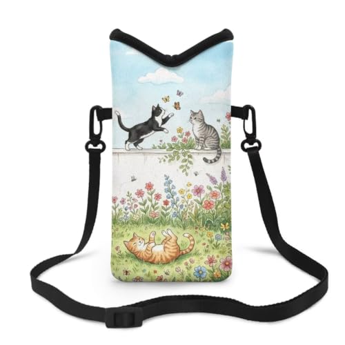 Image of Small Phone Bag Water-Resistant Crossbody Pouch with Adjustable Strap Cellphone Case Mini Satchel Fits Most Phones for Casual, Beach, Travel, Cartoon Cat Flower Blue Green