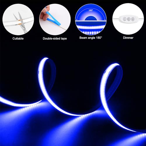 Image of USB Powered COB Led Strip Lights, 6.56Ft Battery Operated Blue LED Strip Lights, High Brightness Flexible LED Tape Lights for Room, Cabinet, Bedroom, Kitchen, Party, Home DIY Indoor Deco
