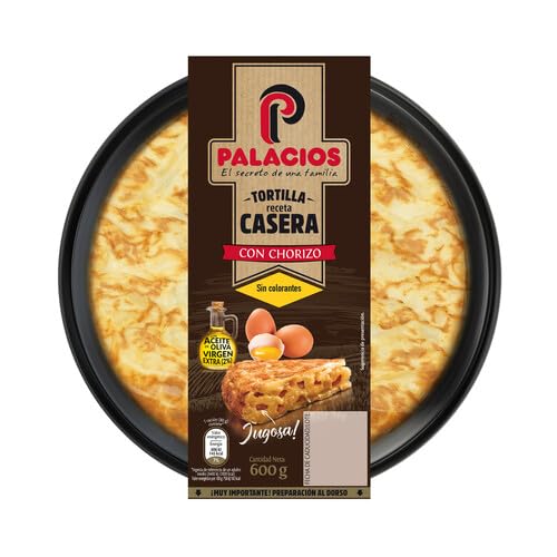 Tortillas PALACIOS, La Tortilla Española con Cebolla y Sin Cebolla, Chorizo, Espinacas,Calabacin y los Pinchos de Tortilla ( Refrigerado) (2 Tortilla fresca casera con chorizo Y AOVE, 600 Gr.)