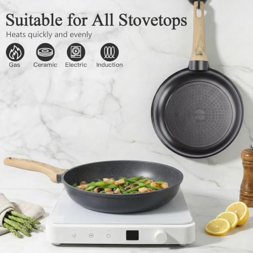 Image of GiPP Nonstick Frying Pan Skillet with Lid - 11 inch Grey Granite Non Stick Pans, Omelette Pan with Heat-Resistant Handle, Compatible with All Stovetops, PFOA Free