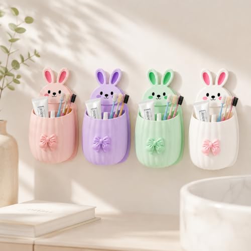 Image of Cute Rabbit Wall Mounted Toothbrush Holder | Self Adhesive Bathroom Organizer for Toothbrush, Toothpaste, Comb & Makeup Brushes | Bathroom Accessories for Kids & Home (4 REBIT HODER)