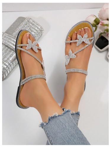 Image of OYOANGLE Women's Silver Rhinestone Sandals Sparkly Dressy Flat Sandals